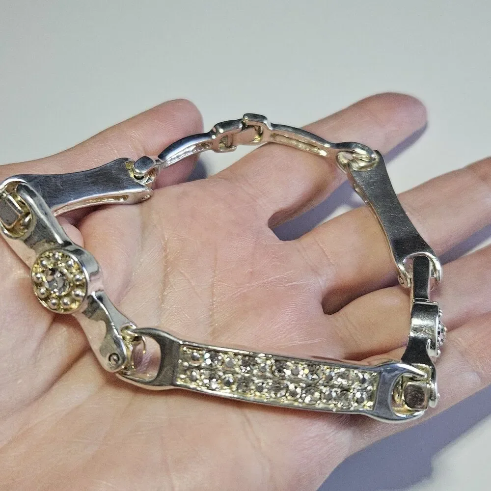 Vintage Silver Plated Clear Rhinestone Chunky Bracelet 8.25